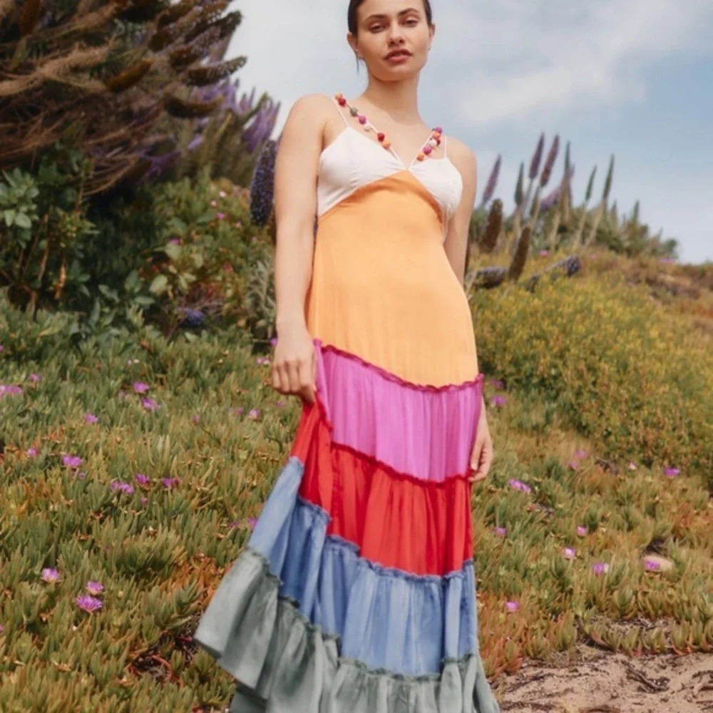 NWT Anthropologie Rainbow V-Neck Tiered Maxi Dress Petite Small